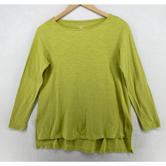 EILEEN FISHER Top PP Slub Organic Cotton Jersey Boat Neck Long Sleeve Green - Picture 1 of 12
